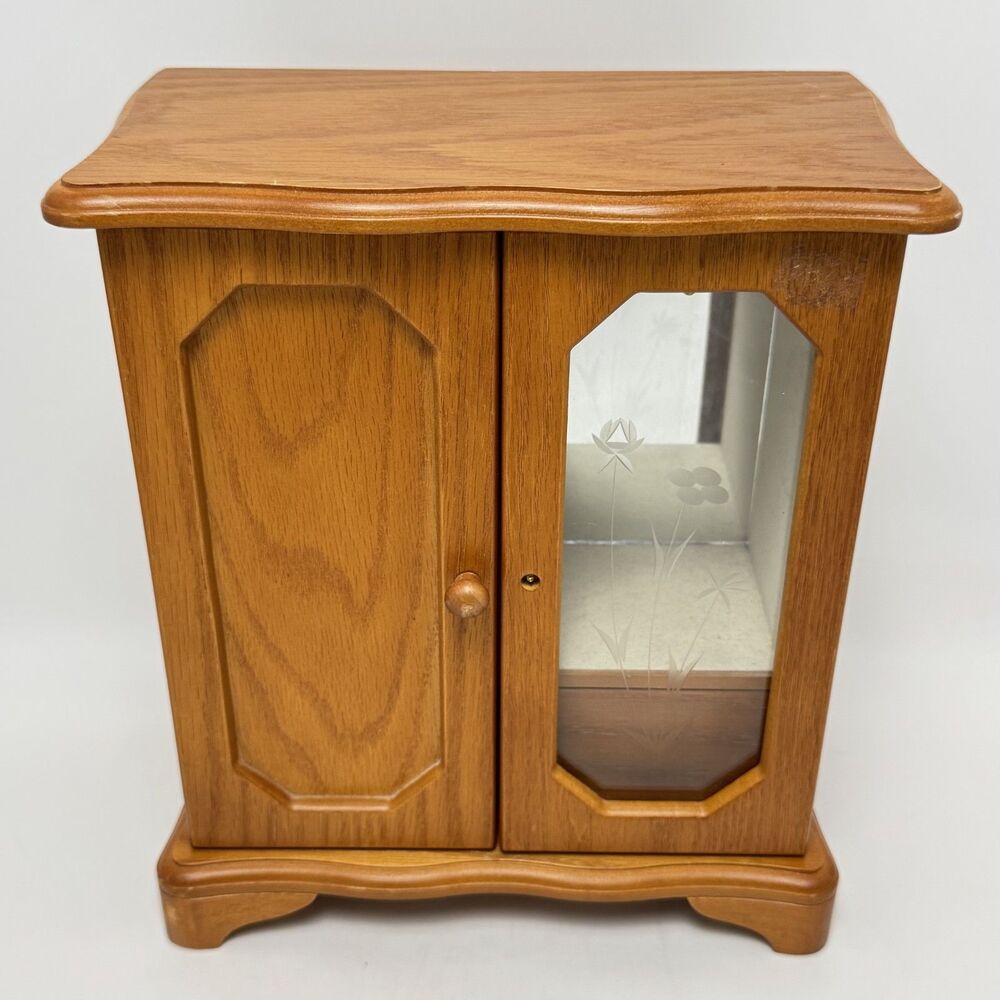 Vintage Wooden Jewelry Box Armoire Wood Tabletop Jewelry Organizer With Mirror